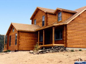 Timberline log siding and log corners on home in the Colorado mountains.