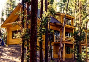 2 story log sided home in the forest.